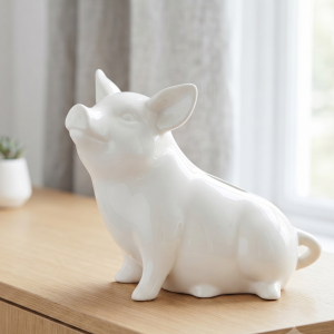 Figurka ceramiczna "Świnka skarbonka" szkliwiona ecru 19x22cm