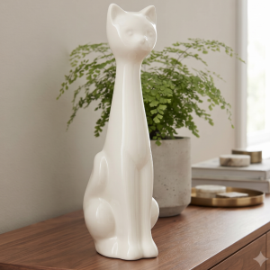 Kot szkliwiony Ruski duży figurka ceramiczna ecru 33cm