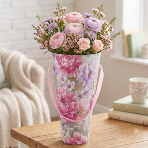 Pudełko ozdobne w kwiaty stożek flowerbox szarość i roż  26cm.