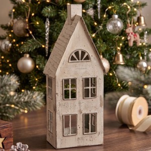 Metalowy domek dekoracyjny z miejscem na tealight - kremowy 23 cm