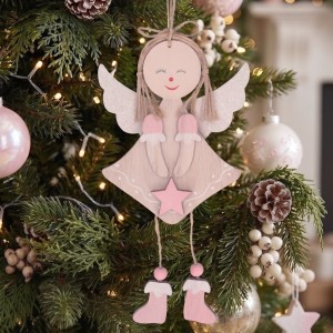 Drewniana zawieszka na choinkę aniołek różowy 21cm