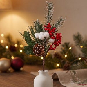 Gałązka świąteczna z czerwonymi i białymi jagodami 28 cm