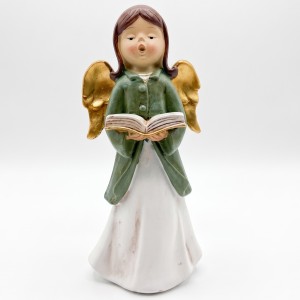 Aniołek-dziewczynka w zielonym ubranku trzymająca książkę (poliresing) 10*7.8*21.8 cm