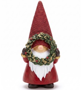 Skrzat świąteczny trzymający wianek, czerwone ubranko (poliresing) 7*6*16 cm