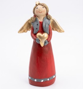 Aniołek w czerwonej sukience, złote skrzydełka i serduszko (poliresing) 6*3*10,7cm