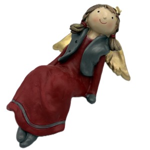 Aniołek w czerwonej sukience, złote skrzydełka, siedzący (poliresing) 11,5*8,5*17cm