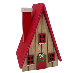 Drewniany Domek Stojący Figurka Ozdobna Święta Czerwony 10,5x9x15,5 cm