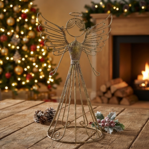Ażurowy metalowy anioł dekoracyjny - złoty, 28 cm